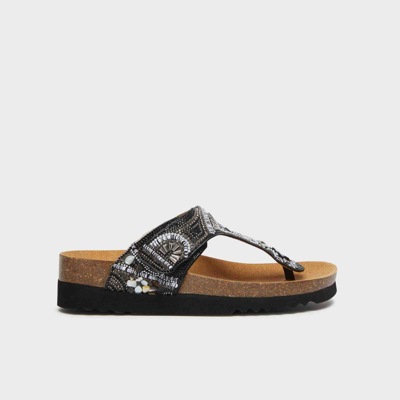 Lisboa Flip-Flop - Microfibre + beads - Black - Women