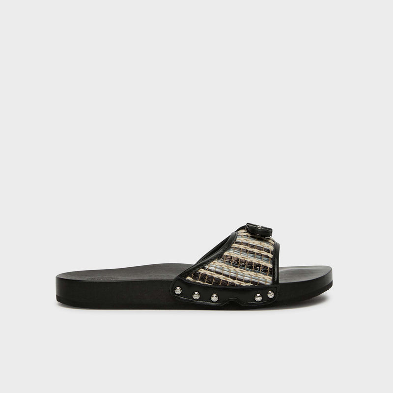 Pescura Flat - Raffia + leather - Black/ white - Women