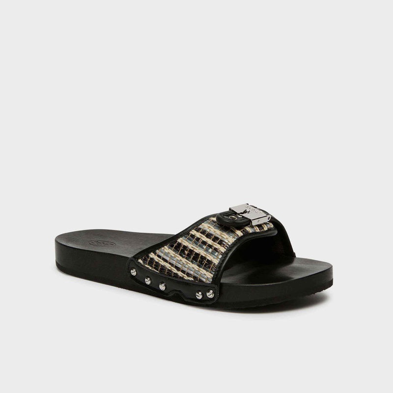 Pescura Flat - Raffia + leather - Black/ white - Women