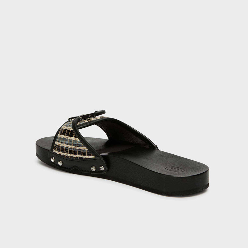 Pescura Flat - Raffia + leather - Black/ white - Women