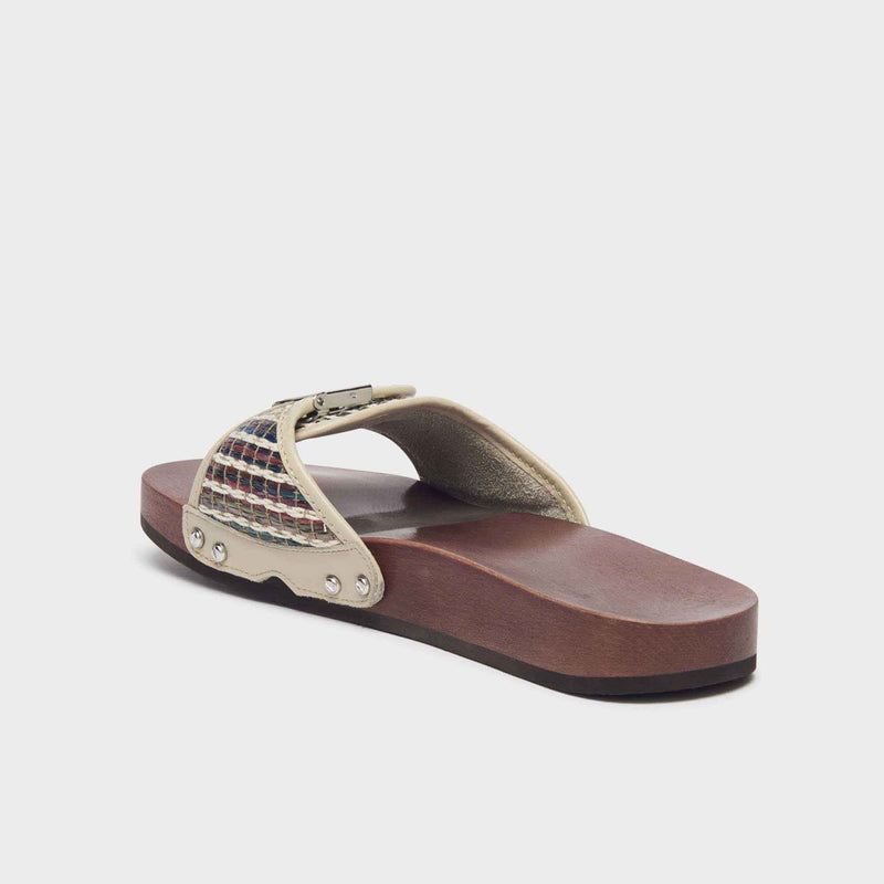 Pescura Flat - Raffia + leather - Khaki/chocolate mix - Women